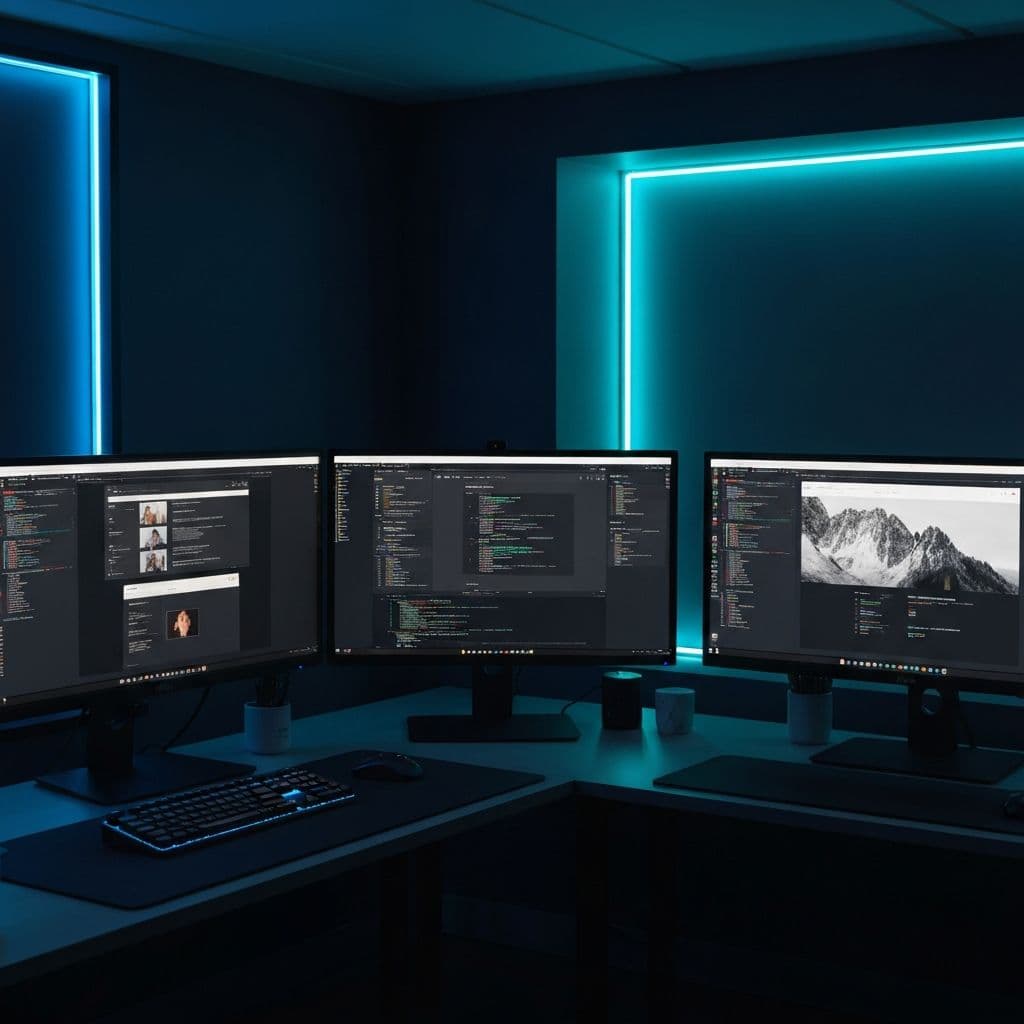 Modern digital agency workspace with multiple monitors showing web design projects